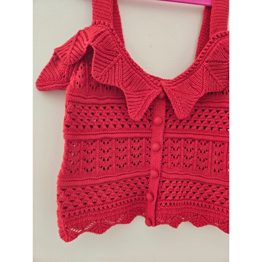 BLU Pepper Boho Red Crochet Pointelle Knit Ruffle Collar Tank Top Button Front L - Picture 3 of 6